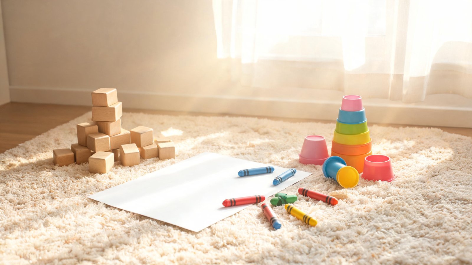 Illustrative image: chunky crayons, a coloring sheet, blocks and stacking cups on a play rug.