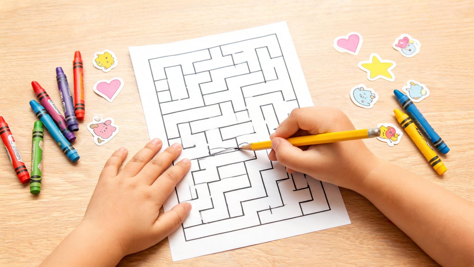 Illustrative image: a child's hand tracing a path through a paper maze.