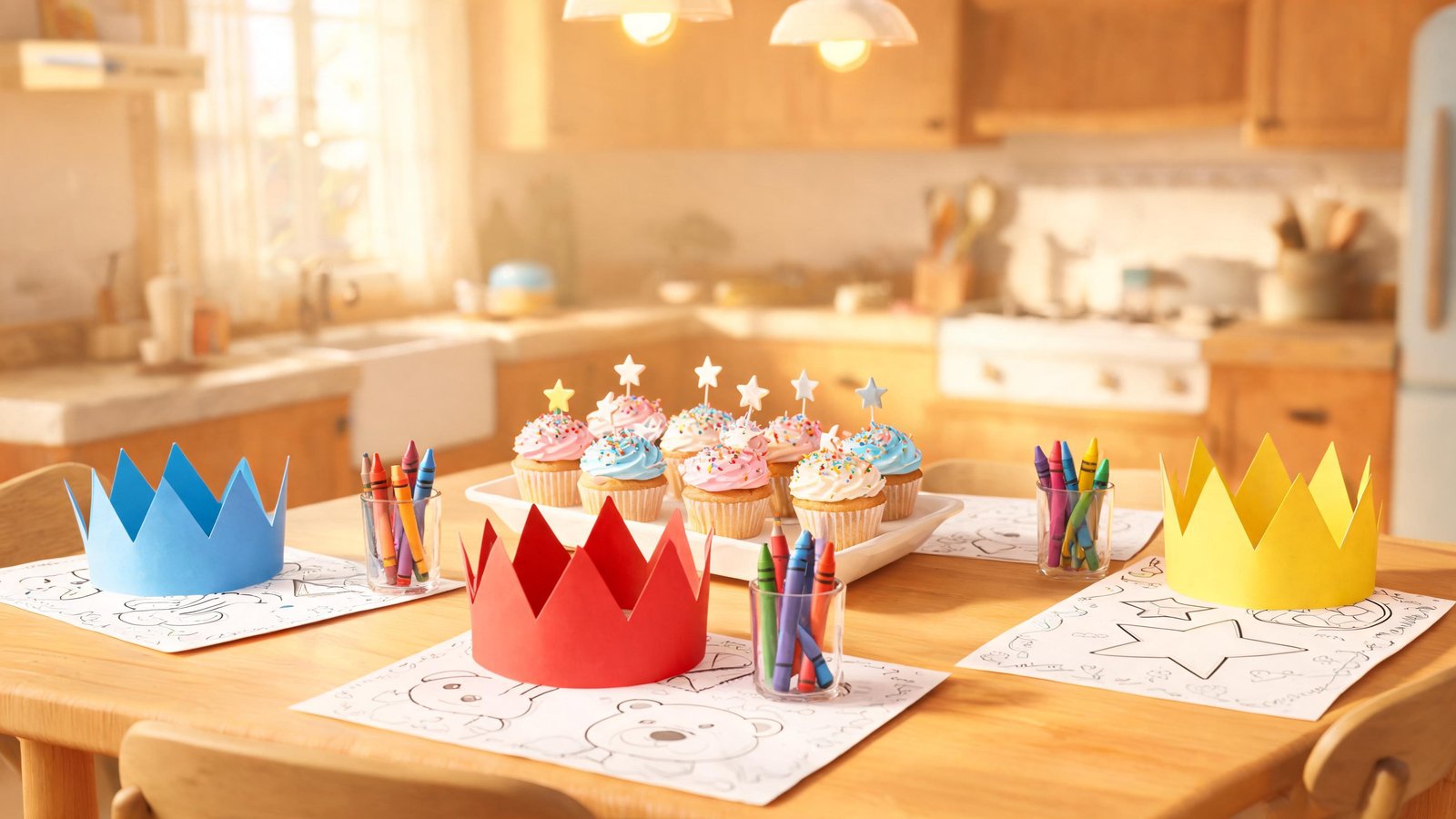 Illustrative image: a birthday table with paper crowns, cupcakes and coloring placemats.