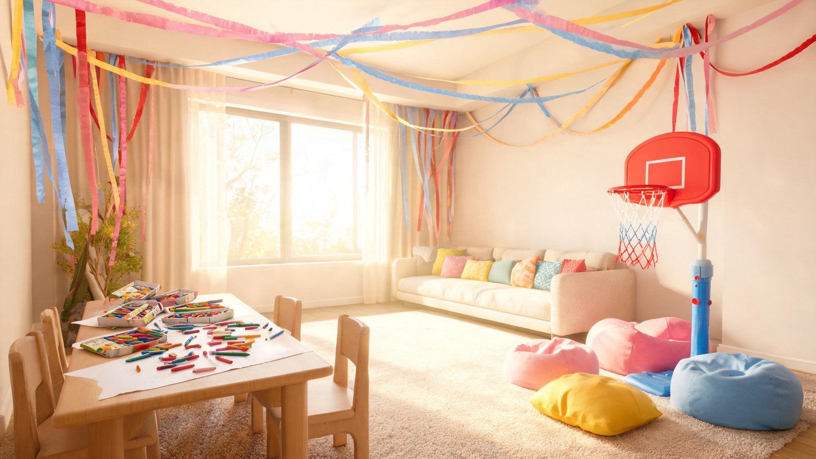 Illustrative image: a living room set up for a birthday party with games and a craft table.