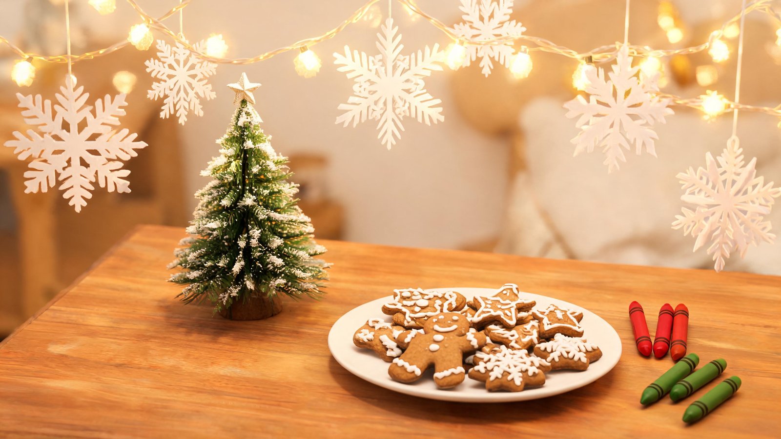 Illustrative image: a holiday craft table with paper snowflakes, cookies and crayons.