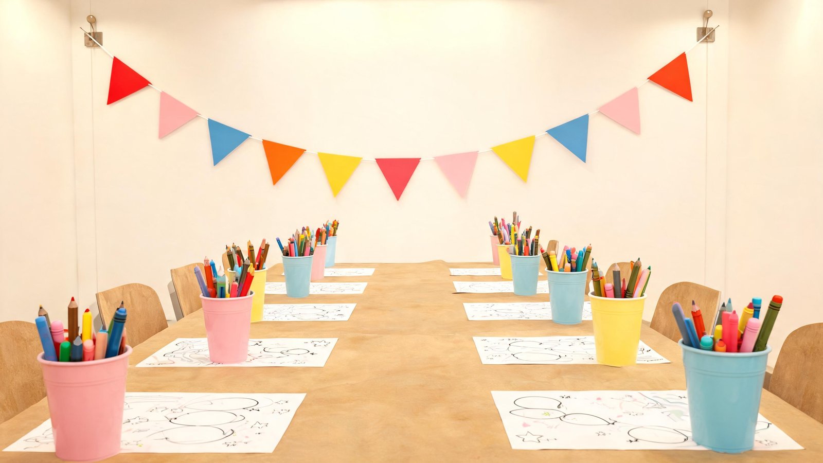 Illustrative image: a party table set with crayon cups and coloring sheets at each seat.
