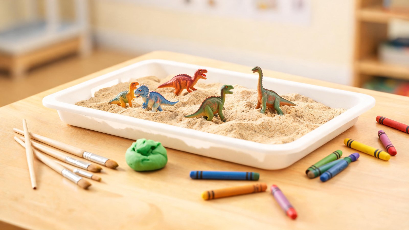 Illustrative image: toy dinosaurs in a sand tray with brushes and play dough.