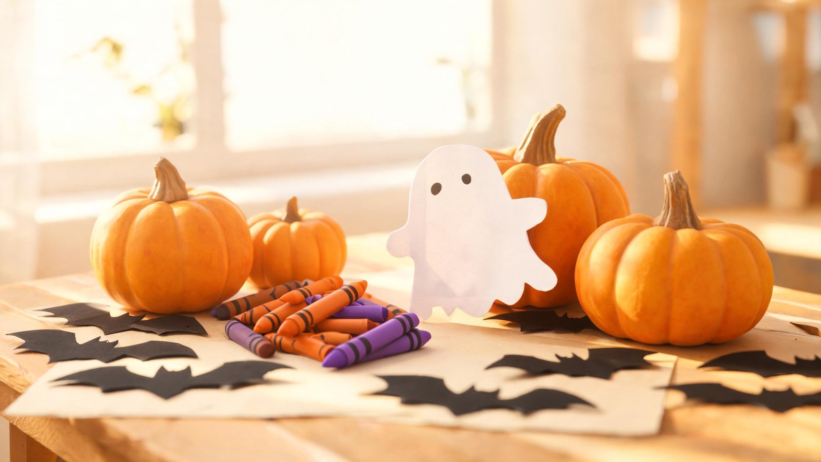 Illustrative image: a cheerful Halloween craft table with small pumpkins and crayons.
