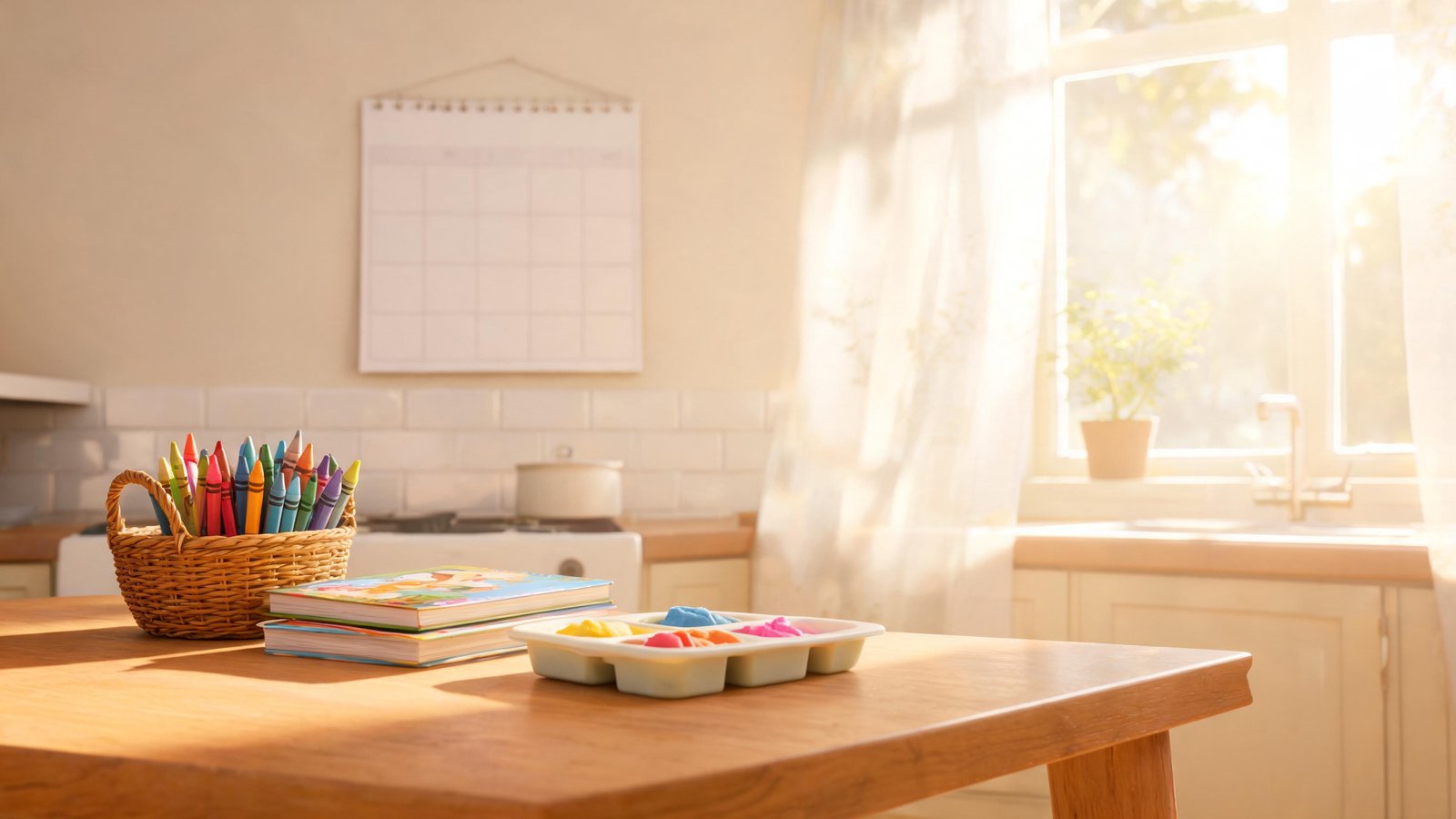 Illustrative image: a kitchen table set up as a home preschool corner with crayons, books and play dough.
