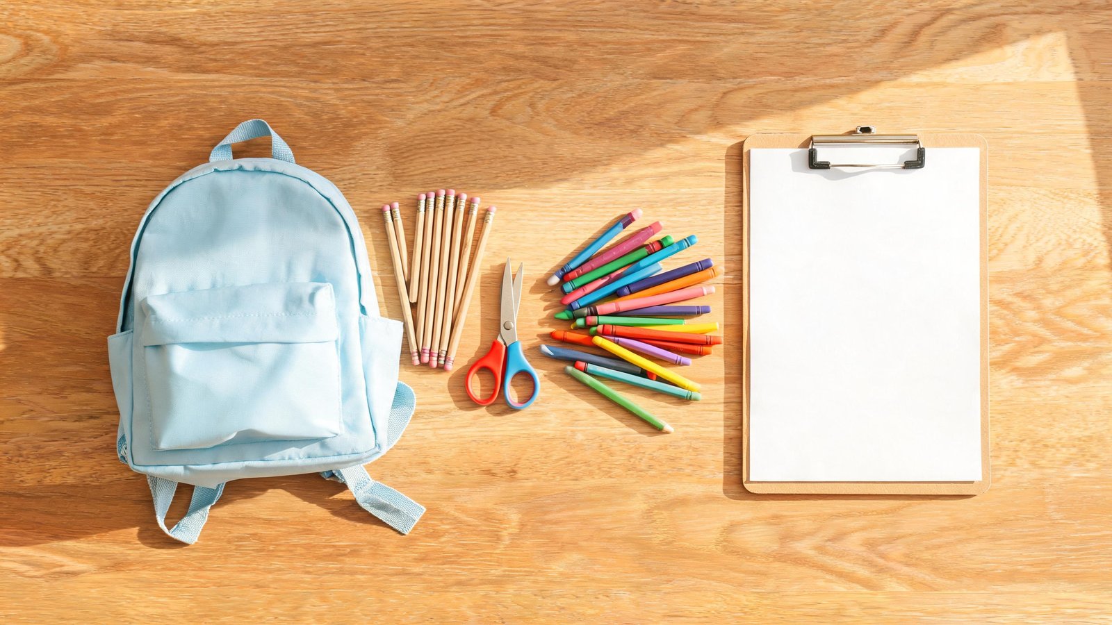 Illustrative image: a small backpack, pencils, scissors and crayons on a table.