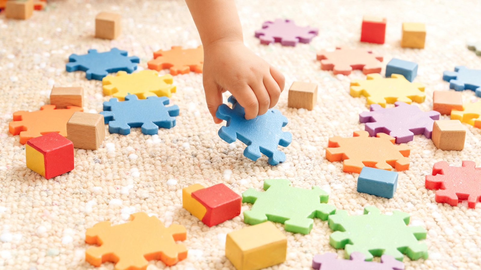 Illustrative image: foam puzzle pieces and toy blocks on a rug, with a child's hand picking one up.