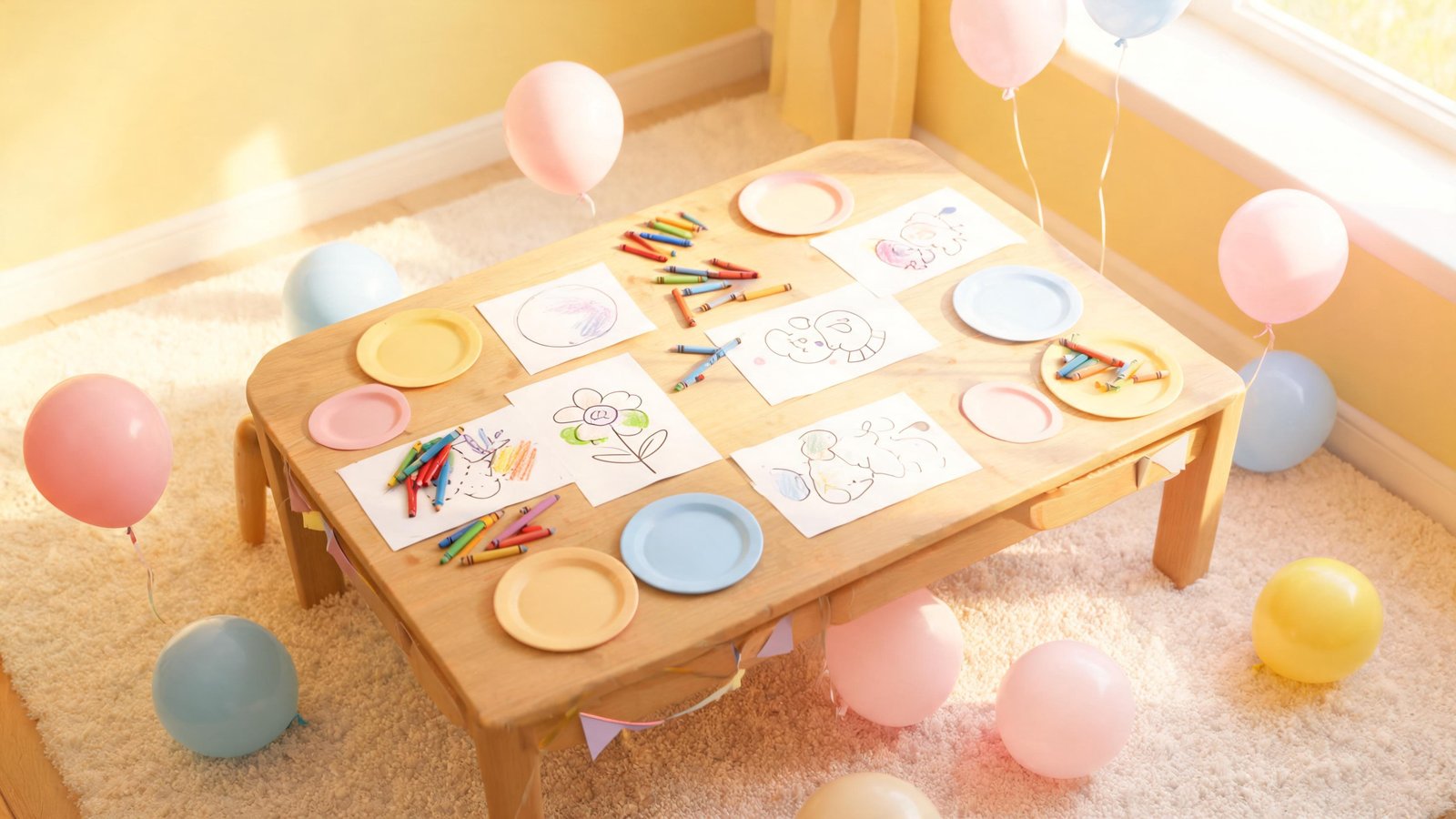 Illustrative image: a children's party table with balloons, crayons and coloring sheets. No people shown.