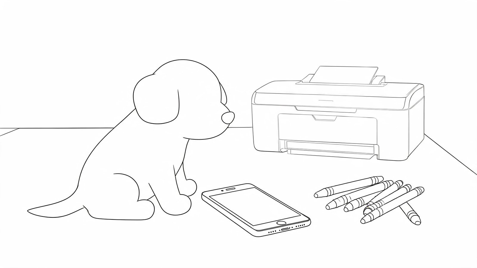 Illustrative image: a printed outline drawing of a dog beside a phone and crayons.