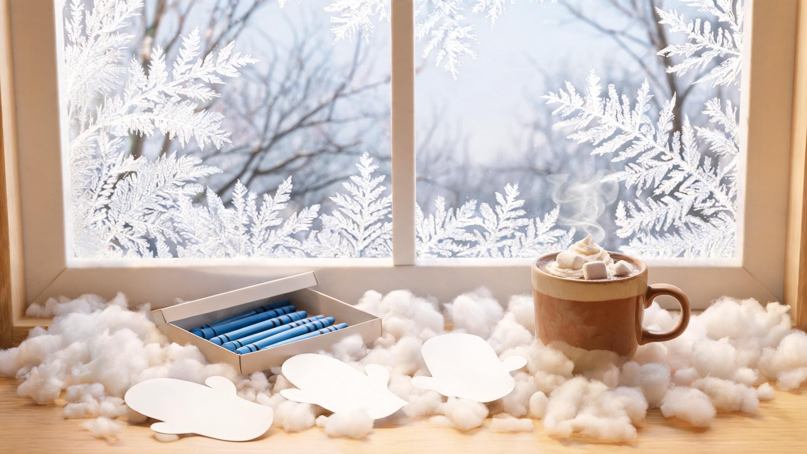 Illustrative image: a winter craft table with cotton-ball snow and paper mittens.