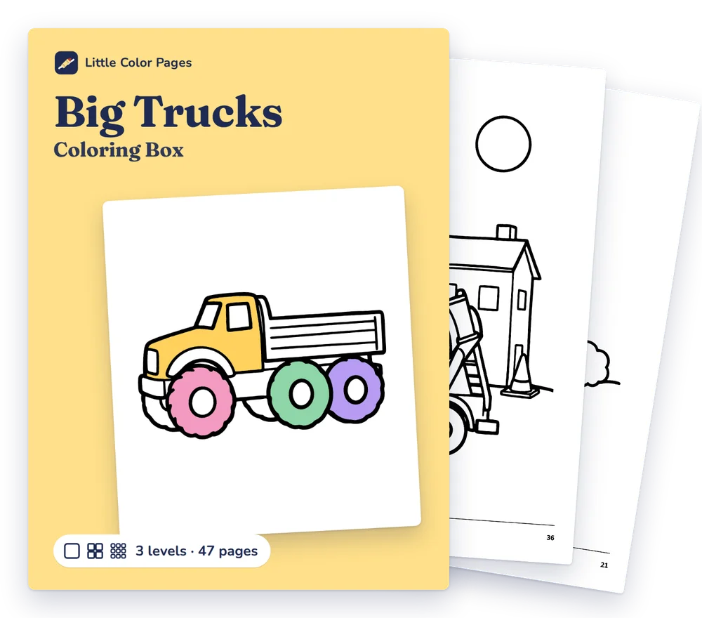 Big Trucks Coloring Box cover, with two of its real pages behind it