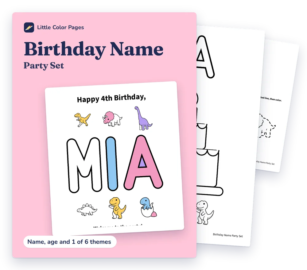 Birthday Name Party Set cover, with two of its real pages behind it