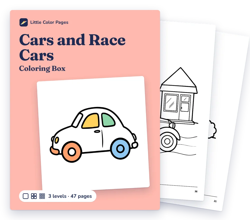 Cars and Race Cars Coloring Box cover, with two of its real pages behind it