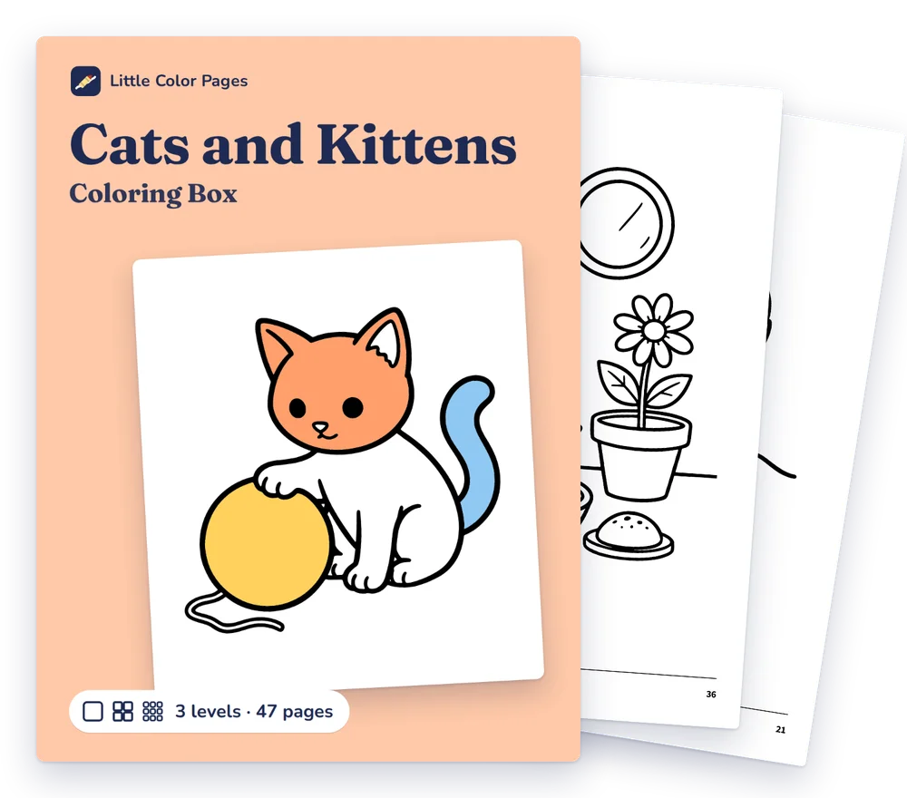Cats and Kittens Coloring Box cover, with two of its real pages behind it
