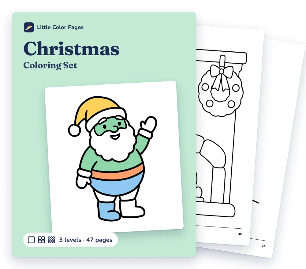Christmas Coloring Set cover, with two of its real pages behind it