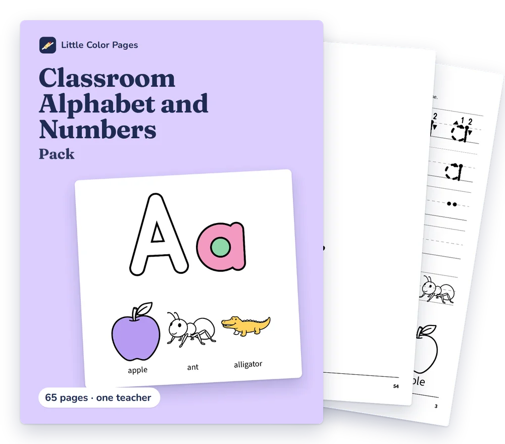 Classroom Alphabet and Numbers Pack cover, with two of its real pages behind it