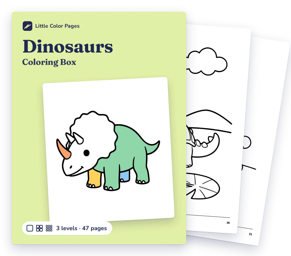 Dinosaurs Coloring Box cover, with two of its real pages behind it