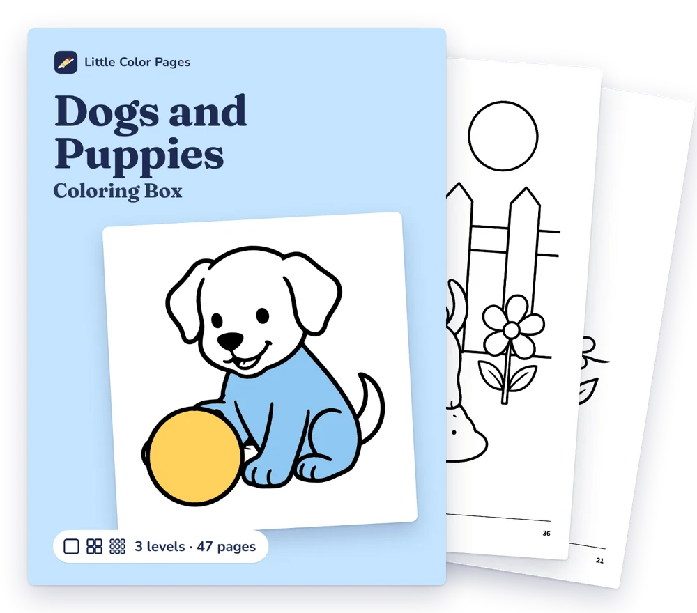 Dogs and Puppies Coloring Box cover, with two of its real pages behind it