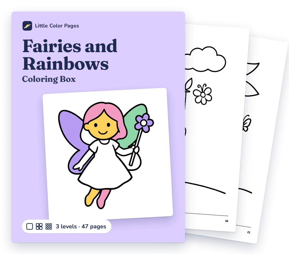 Fairies and Rainbows Coloring Box cover, with two of its real pages behind it