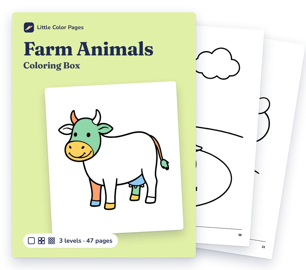 Farm Animals Coloring Box cover, with two of its real pages behind it