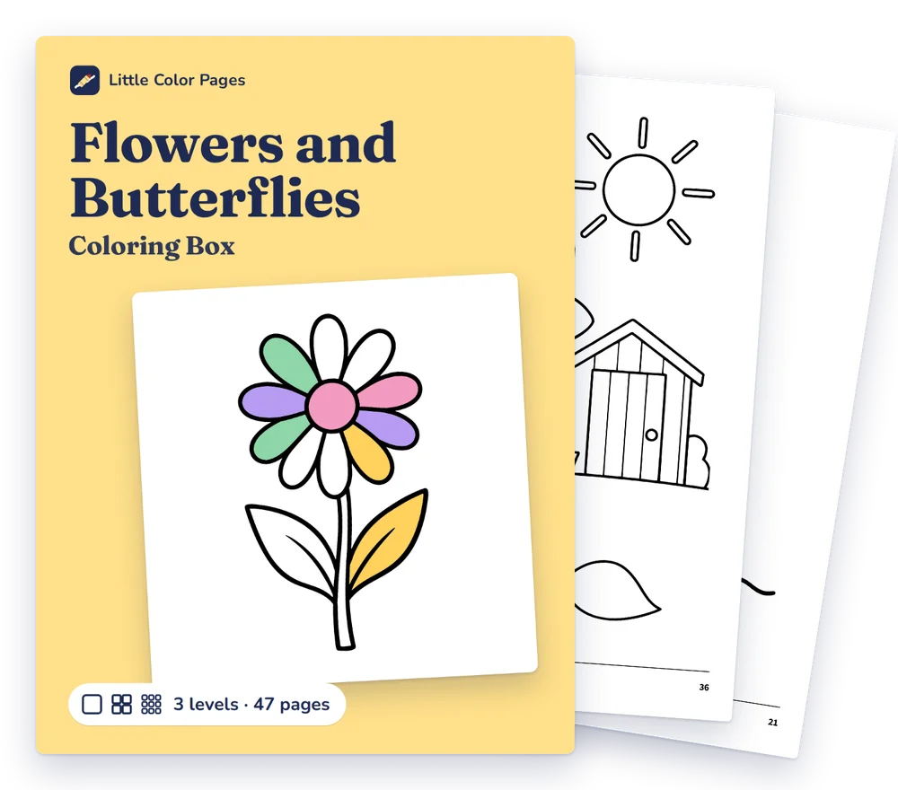 Flowers and Butterflies Coloring Box cover, with two of its real pages behind it