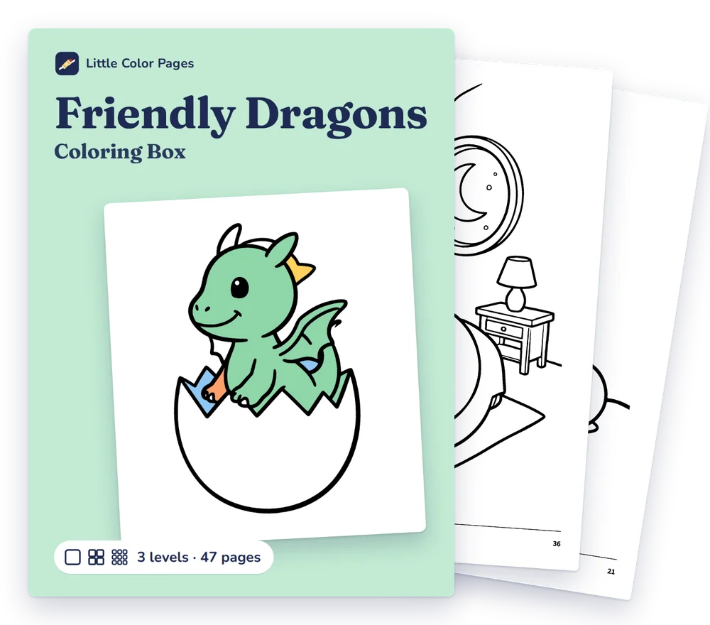 Friendly Dragons Coloring Box cover, with two of its real pages behind it