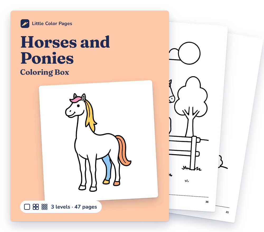 Horses and Ponies Coloring Box cover, with two of its real pages behind it