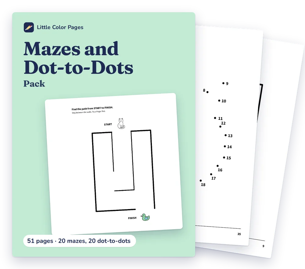 Mazes and Dot-to-Dots Pack cover, with two of its real pages behind it