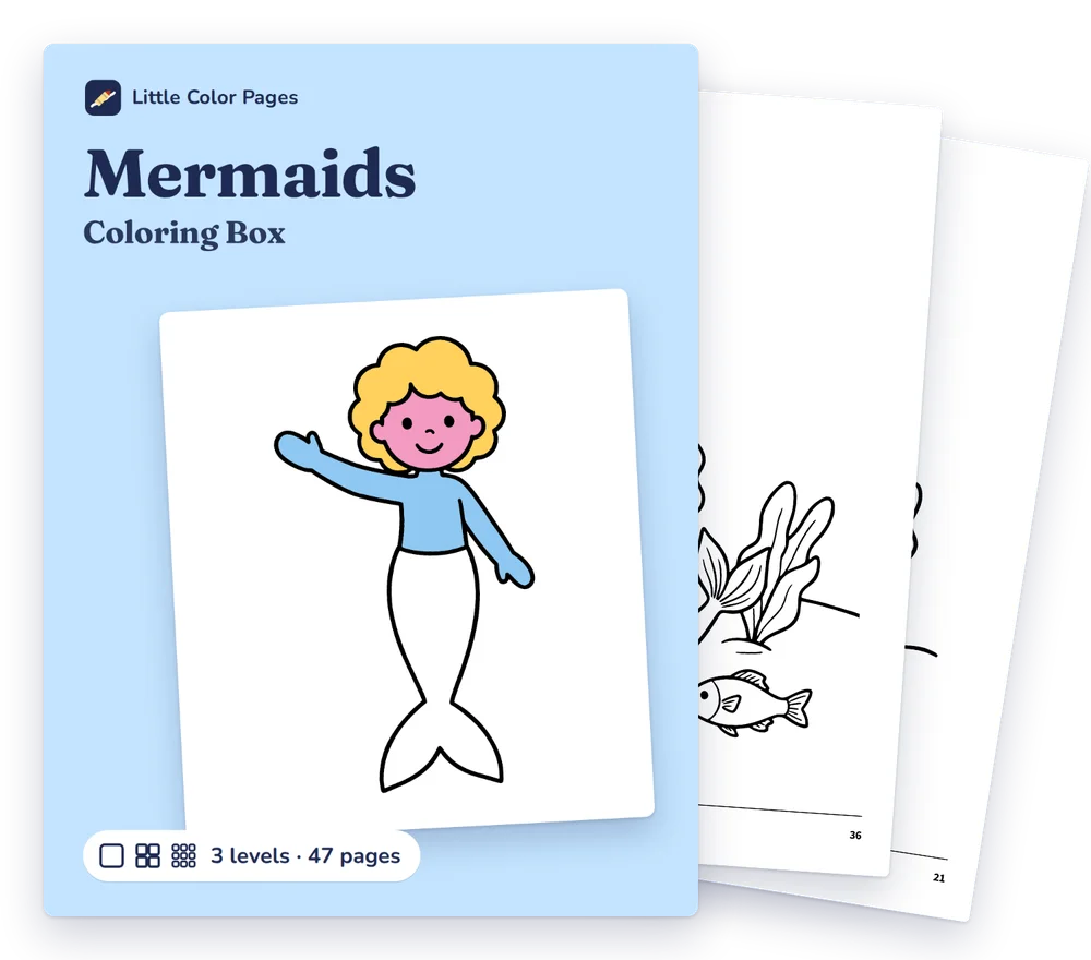 Mermaids Coloring Box cover, with two of its real pages behind it