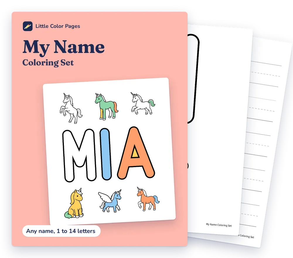 My Name Coloring Set cover, with two of its real pages behind it