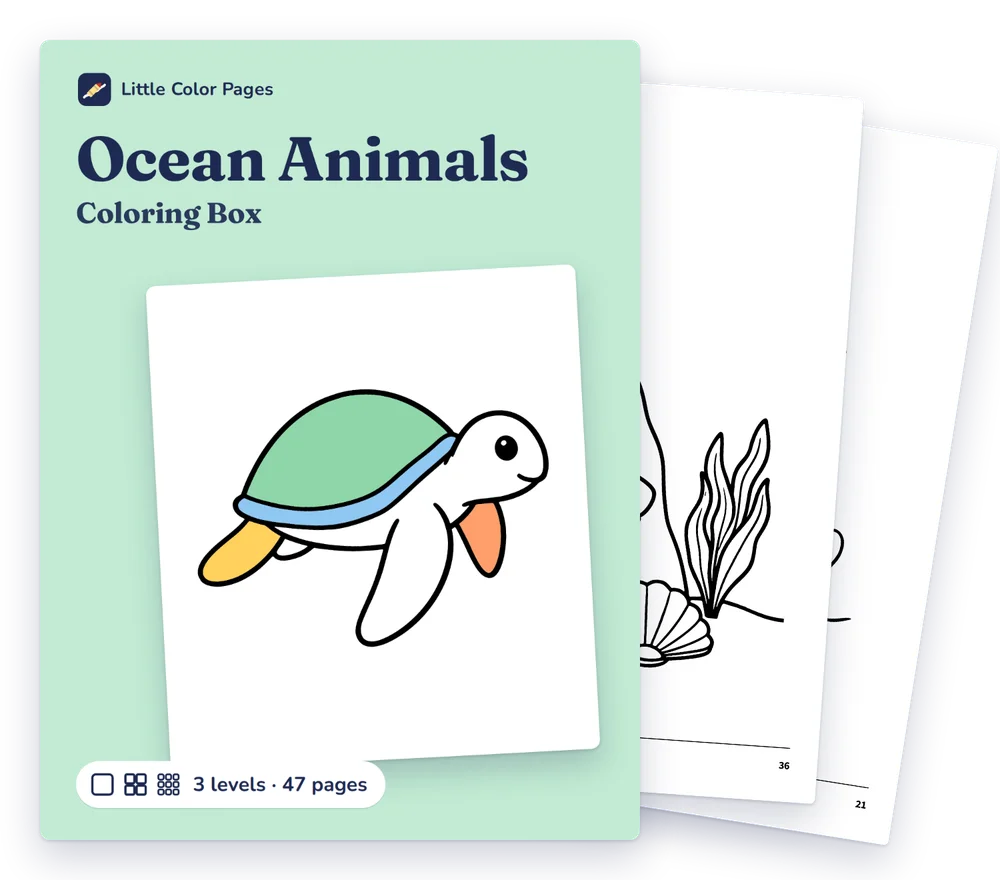 Ocean Animals Coloring Box cover, with two of its real pages behind it