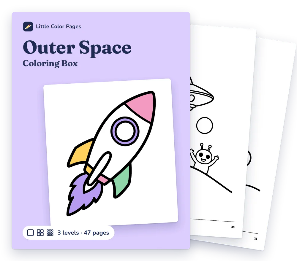 Outer Space Coloring Box cover, with two of its real pages behind it
