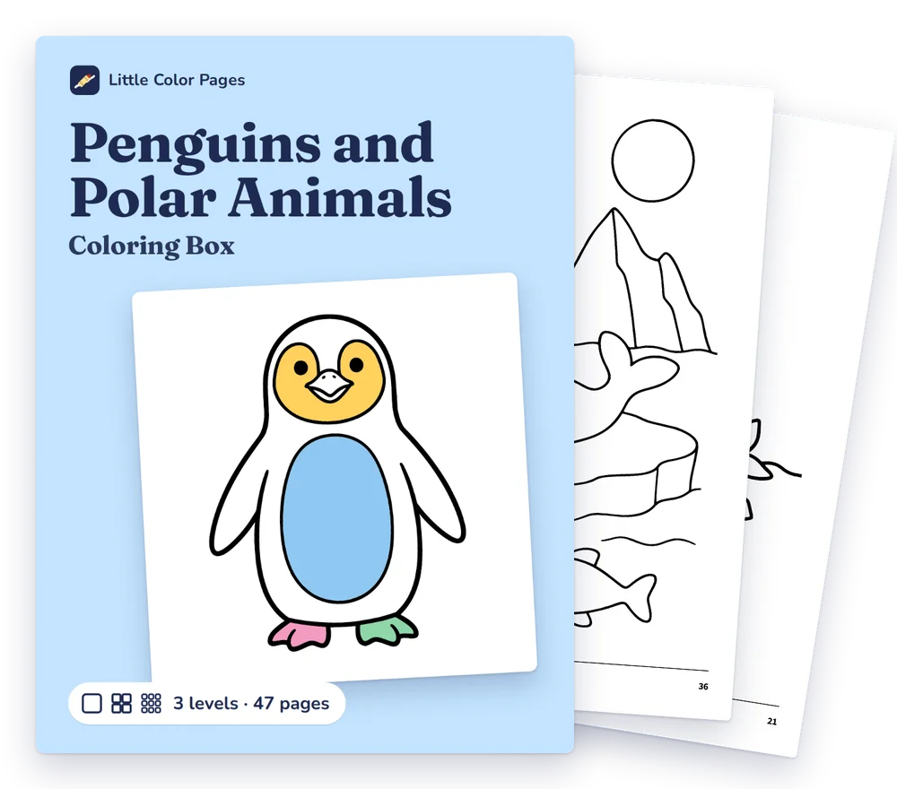 Penguins and Polar Animals Coloring Box cover, with two of its real pages behind it