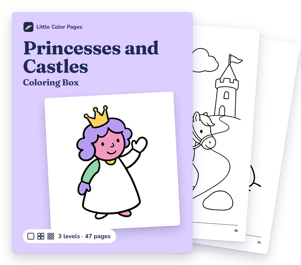Princesses and Castles Coloring Box cover, with two of its real pages behind it
