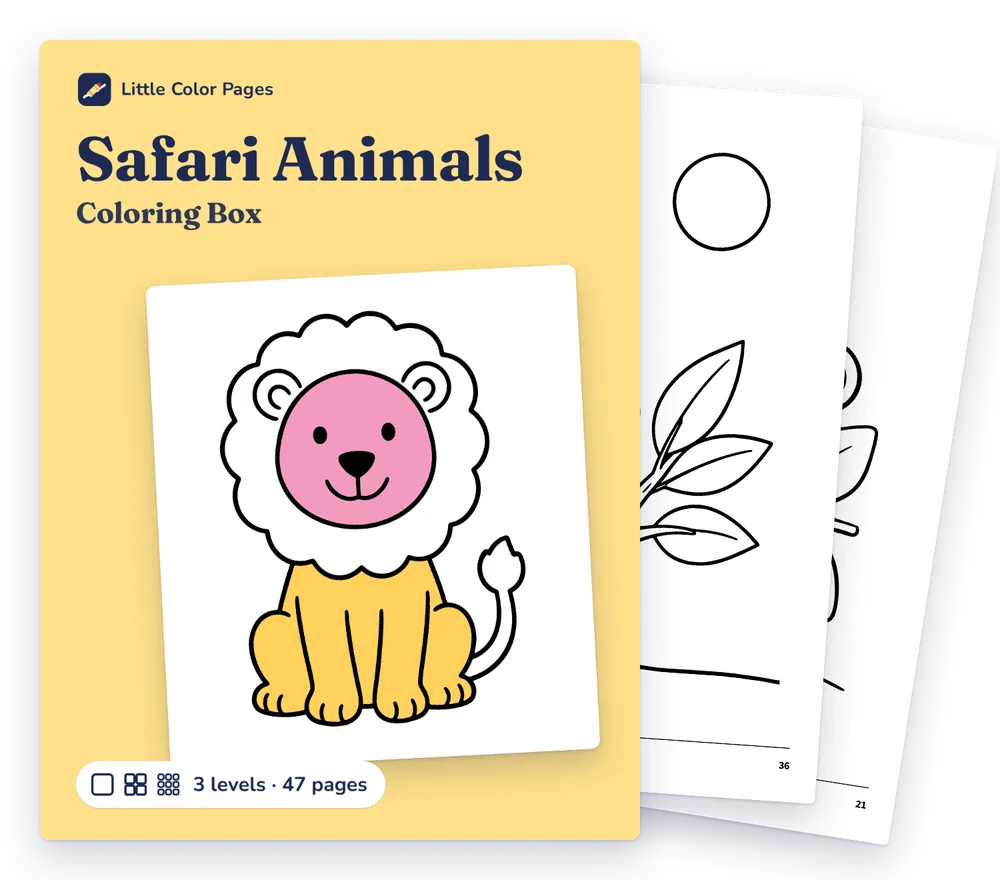 Safari Animals Coloring Box cover, with two of its real pages behind it