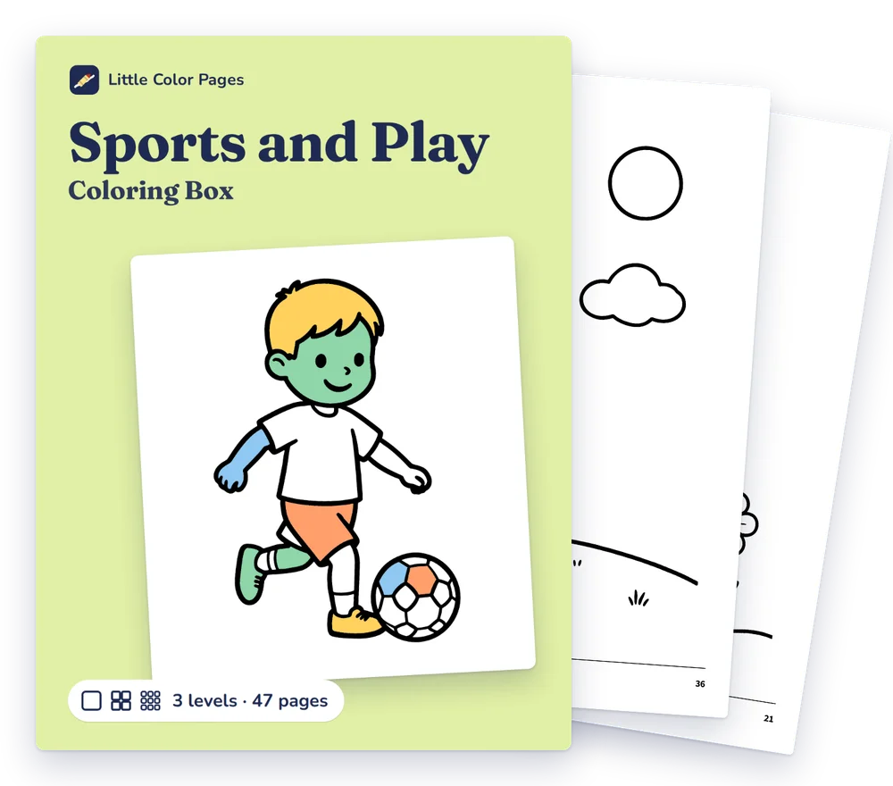 Sports and Play Coloring Box cover, with two of its real pages behind it