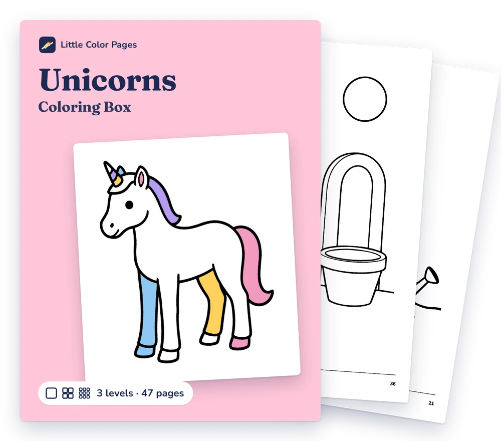 Unicorns Coloring Box cover, with two of its real pages behind it