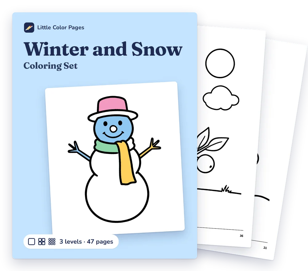 Winter and Snow Coloring Set cover, with two of its real pages behind it