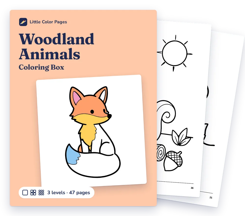 Woodland Animals Coloring Box cover, with two of its real pages behind it