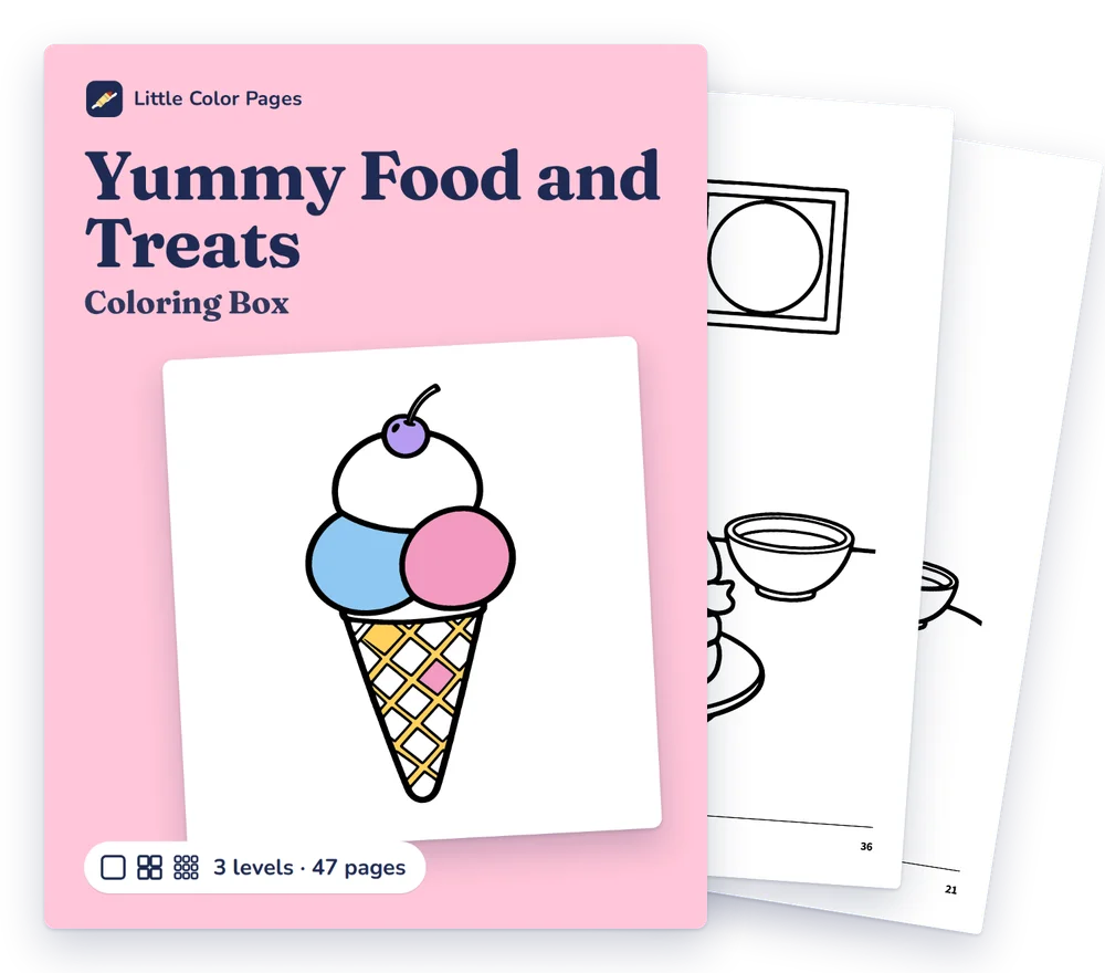 Yummy Food and Treats Coloring Box cover, with two of its real pages behind it