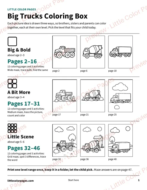 Start page: the page range of each level, page 1 of the Big Trucks Coloring Box, shown small with a preview mark