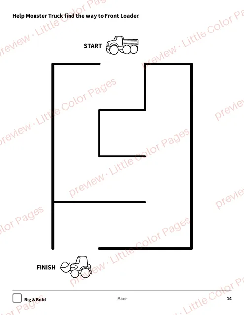 Big & Bold maze, page 14 of the Big Trucks Coloring Box, shown small with a preview mark