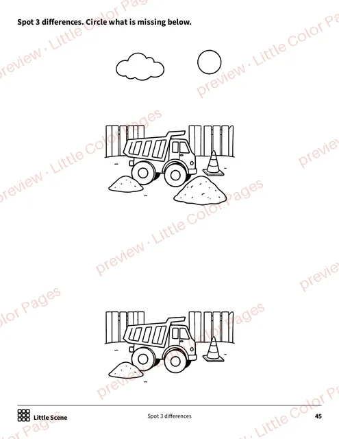 Little Scene: spot 3 differences, page 45 of the Big Trucks Coloring Box, shown small with a preview mark