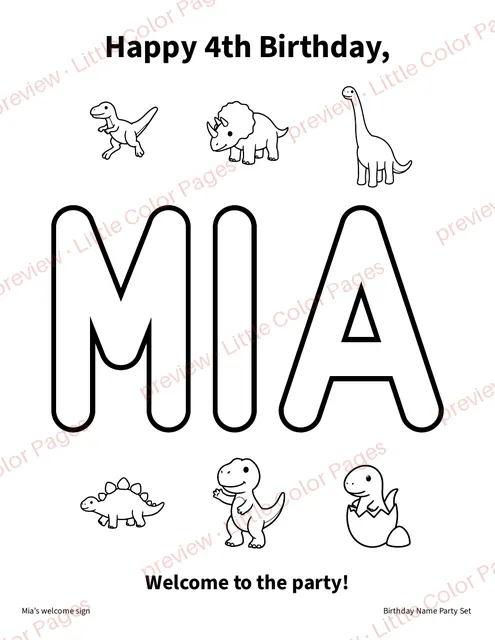 Example welcome sign (Mia, 4, dinosaurs), page 1 of the Birthday Name Party Set, shown small with a preview mark