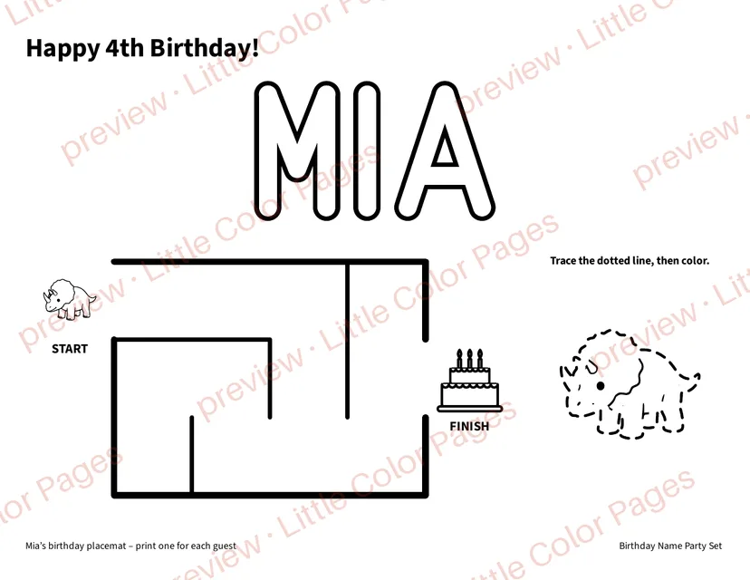 Example coloring placemat, page 2 of the Birthday Name Party Set, shown small with a preview mark