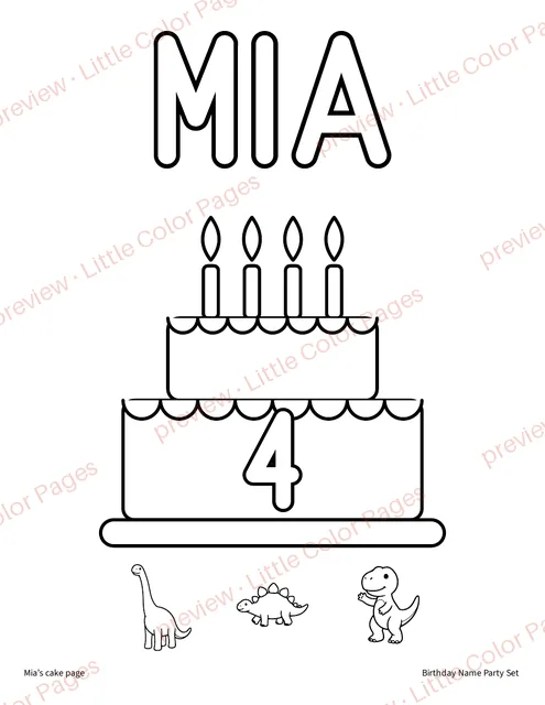 Example cake page, page 4 of the Birthday Name Party Set, shown small with a preview mark