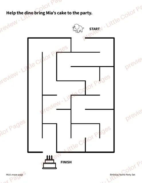 Example party maze, page 6 of the Birthday Name Party Set, shown small with a preview mark