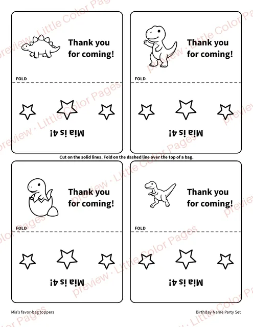 Example favor-bag toppers, page 8 of the Birthday Name Party Set, shown small with a preview mark