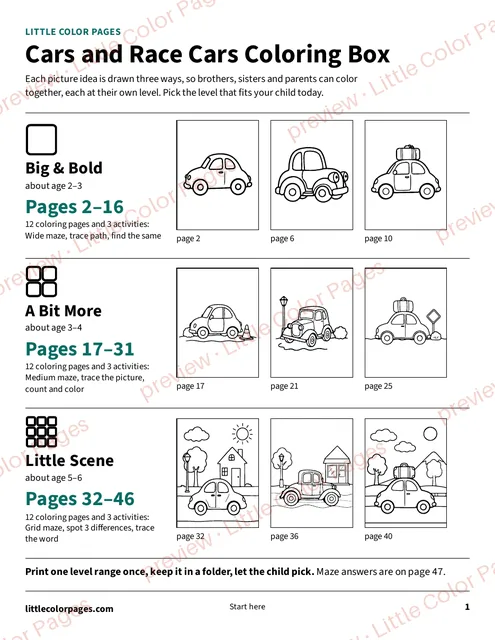 Start page: the page range of each level, page 1 of the Cars and Race Cars Coloring Box, shown small with a preview mark