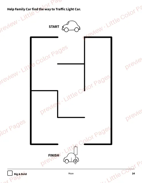 Big & Bold maze, page 14 of the Cars and Race Cars Coloring Box, shown small with a preview mark